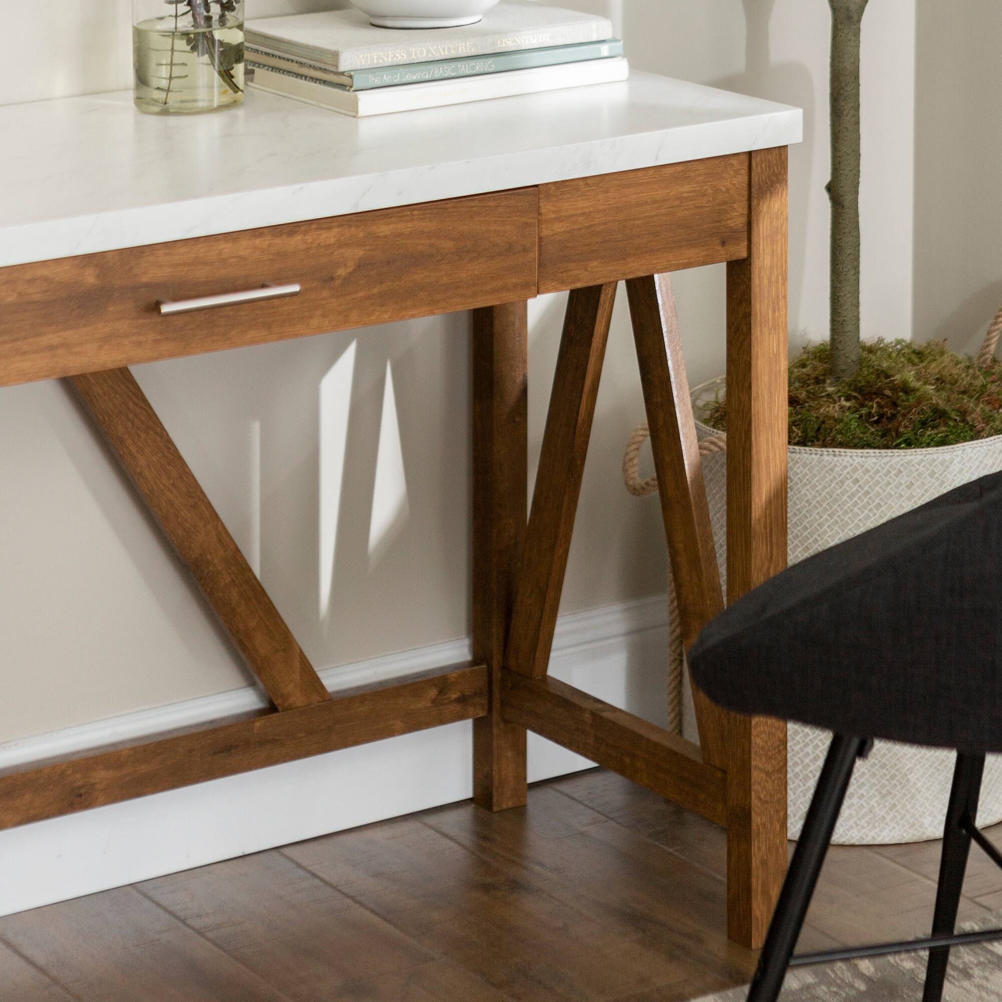 Walker Edison 46" Natural Walnut/Faux White Marble A Frame Wood Computer Desk with Drawer